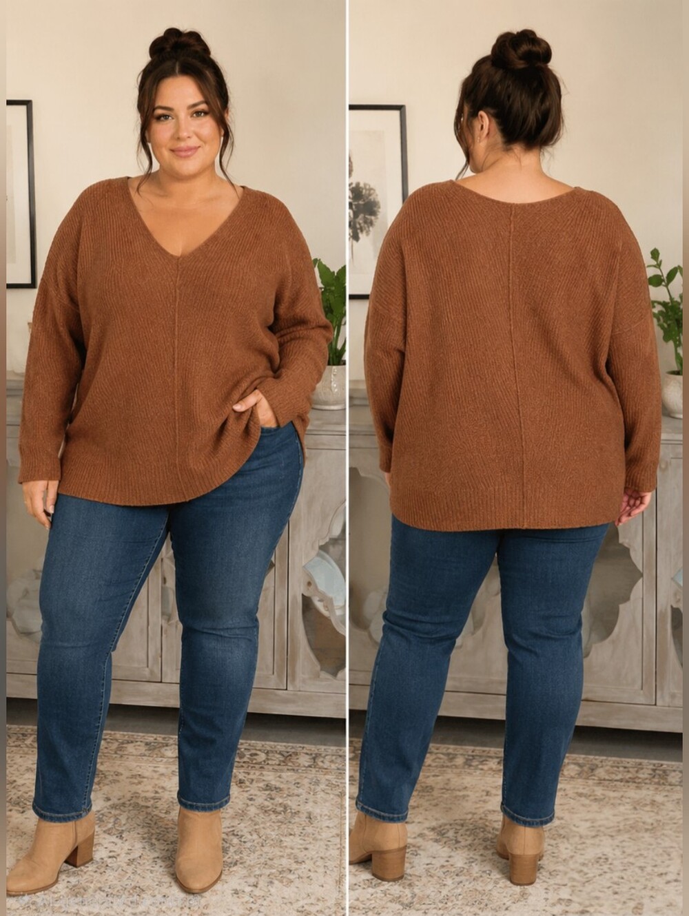 ruby moon Rust-Brown V-Neck Knit Sweater, Size 1X
